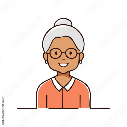 Smiling elderly woman with grey hair in a bun and glasses, wearing a coral shirt