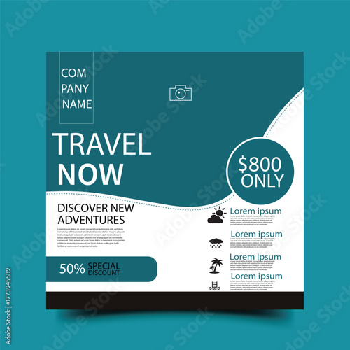 Travel offer Instagram square banner Poster template promoting tour package price and discount, clean teal geometric layout with placeholders for company name, icons, and itinerary details.
