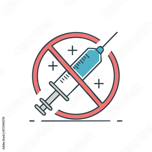 Anti vaccination line icon with a prohibited syringe. No vaccine or injection symbol for medical refusal.