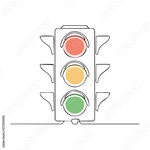 Continuous line art illustration of a minimalist traffic signal with illuminated red, yellow, and green.
