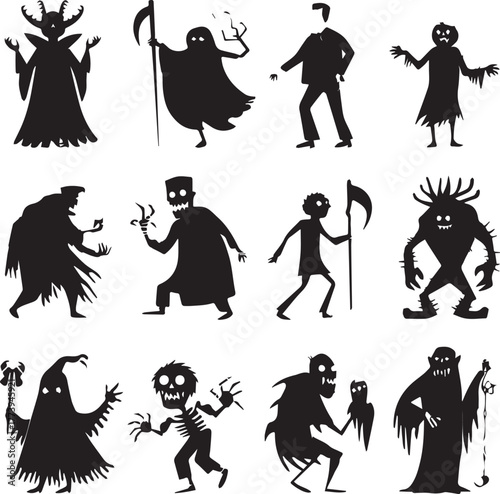 Halloween Monsters Silhouette Vector Set – Vampire, Zombie, Skeleton, and Ghost Icons