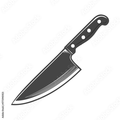 Chef's Knife Black Silhouette Illustration Isolated on White Background, Sharp Blade and Handle Detail