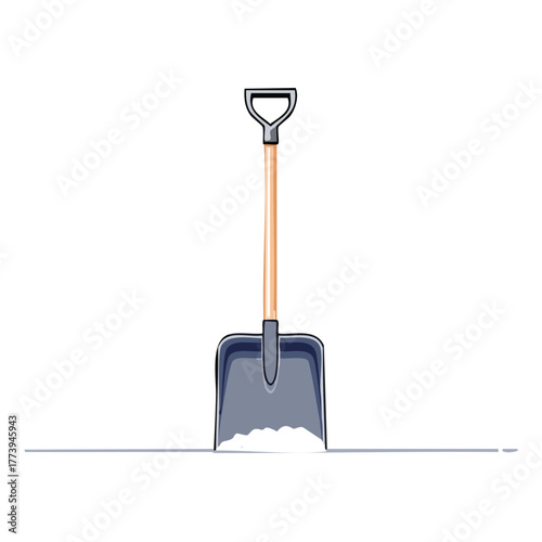 Snow shovel with D-handle partially buried in snow
