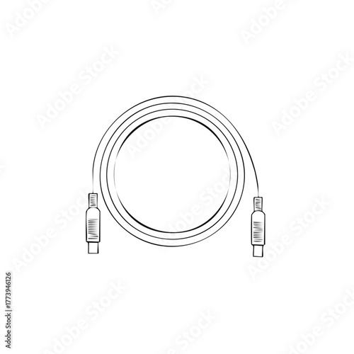 Simple illustration of a coiled audio cable with two jack connectors at each end, hand-drawn sketch style