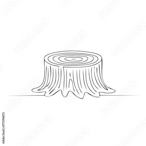 Minimalist one line drawing of a tree stump with growth rings. Simple black and white outline sketch.