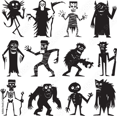 Halloween Monsters Silhouette Vector Set – Vampire, Zombie, Skeleton, and Ghost Icons