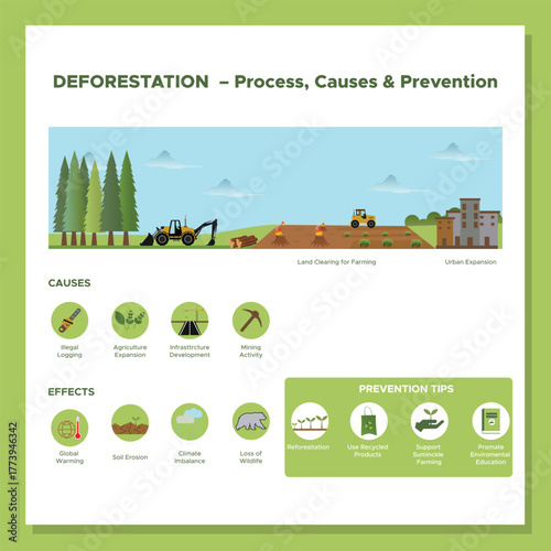 Global Deforestation Illustration Showing Tree Cutting and Forest Loss