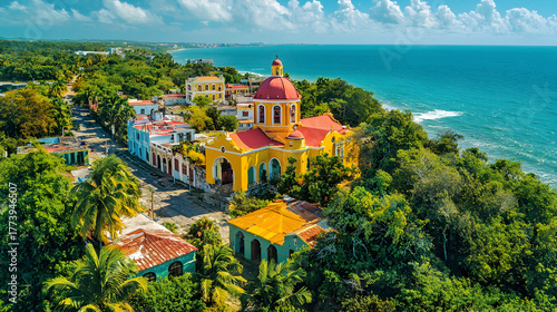 Panoramic view of Ponce, Puerto Rico, featuring ornate colonial facades, palm-lined streets, and ocean backdrop, celebrating the island’s architectural and natural harmony.