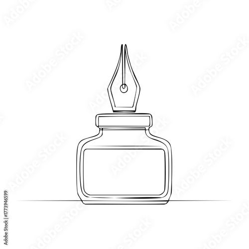 Minimalist continuous line drawing of an inkwell and fountain pen nib, vintage writing tool.