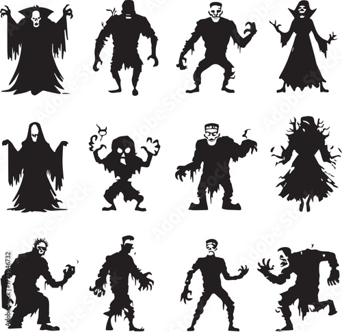 Halloween Monsters Silhouette Vector Set – Vampire, Zombie, Skeleton, and Ghost Icons