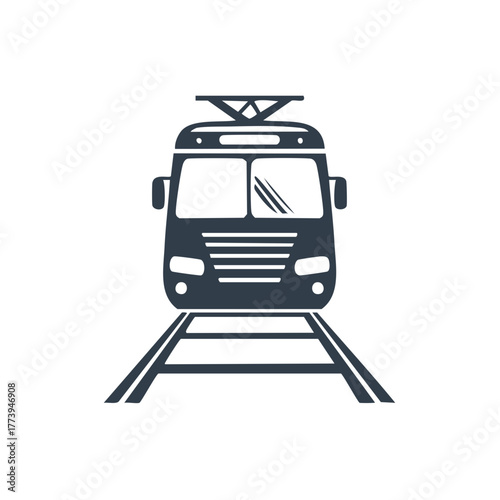 Electric Tramway Train Front View Silhouette on Rails Represents Public Transport and City Commuting