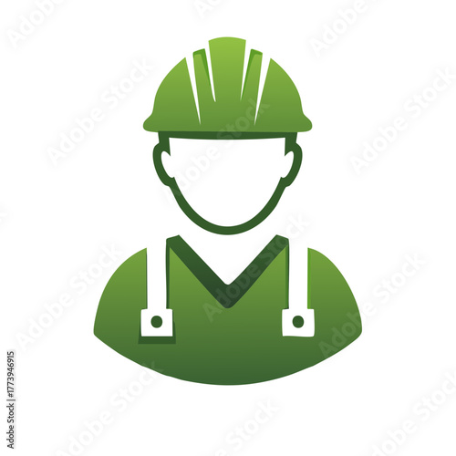 Green construction worker icon with a hard hat. Flat vector illustration of an engineer or builder for industrial projects.