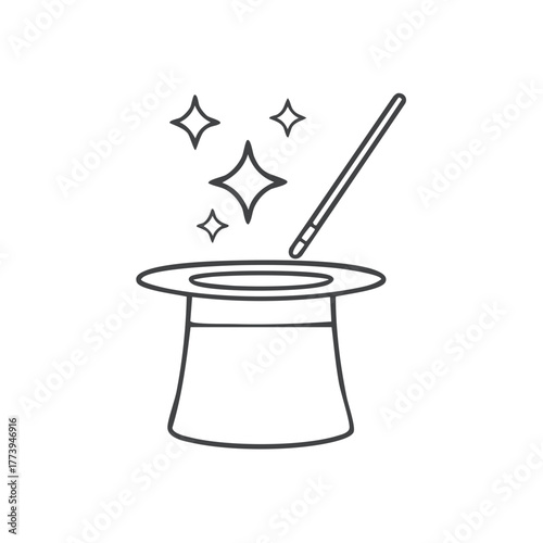 Magic hat with wand and sparkling stars outline illustration for illusion and entertainment