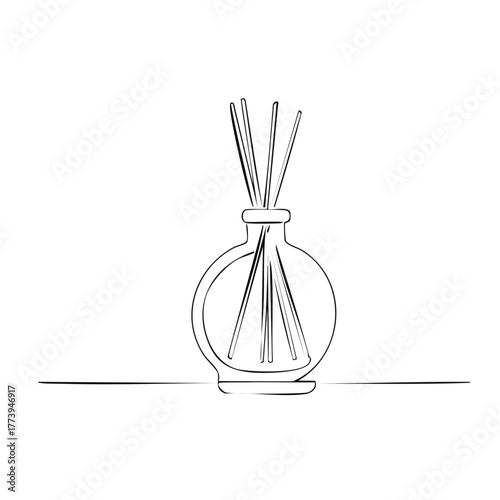 Single line drawing of a diffuser bottle with reeds releasing aroma