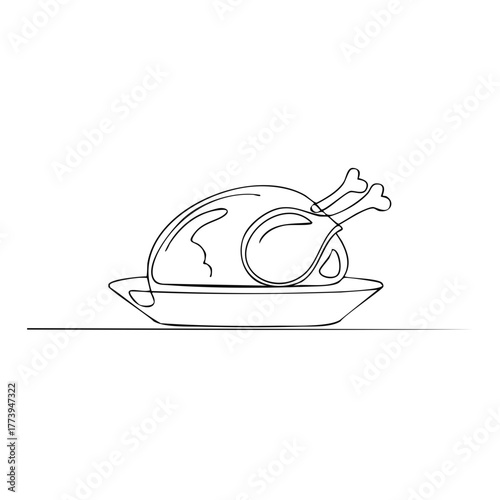 Continuous line drawing of a roasted chicken on a plate