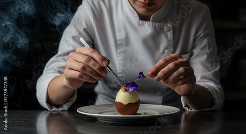 Female chef with intense focus plating a gourmet deconstructed Easter dessert in a professional kitchen, showcasing culinary artistry, fine dining, and haute cuisine creativity.