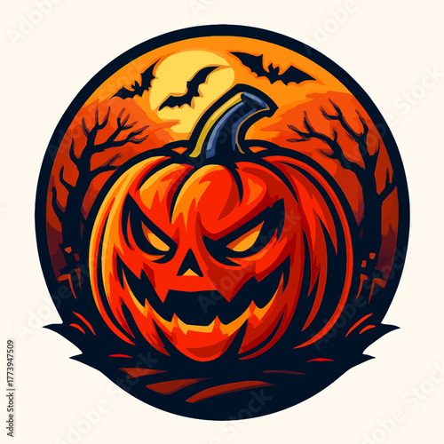 Halloween Pumpkin with Spooky Face in a Dark Landscape