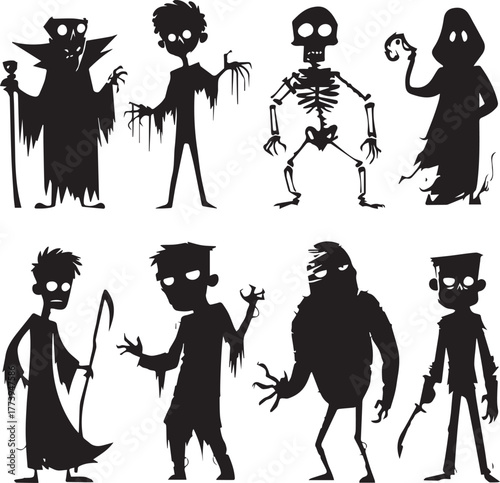 Halloween Monsters Silhouette Vector Set – Vampire, Zombie, Skeleton, and Ghost Icons