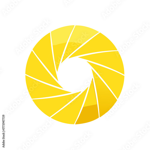 Abstract yellow camera aperture graphic with radial symmetry and glossy highlights