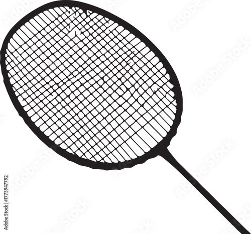 Black and white badminton racket vector illustration with detailed mesh