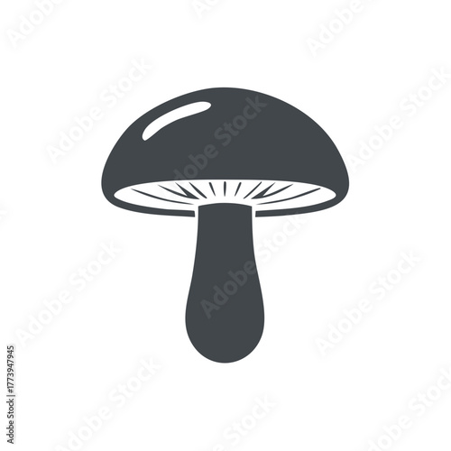 Illustration of a single mushroom featuring a smooth cap, short stem, and visible gills, isolated on white background