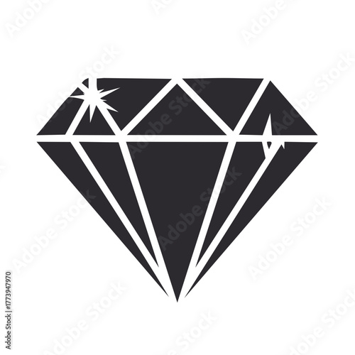 Stylized dark diamond shape with geometric facets and sparkle detail