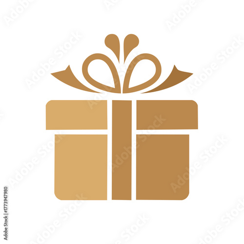 Golden gift box with ribbon and bow, modern simple illustration for celebration and surprise