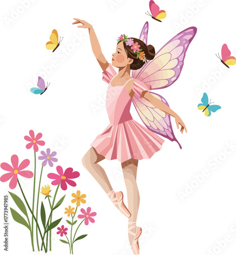 Whimsical watercolor fairy dancer in pink tutu with delicate butterfly wings and flowers
