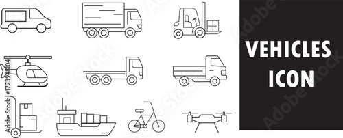 Commercial vehicles logo set. clipart design. forklift, drone, helicopter, ship, train, cargo truck etc illustration