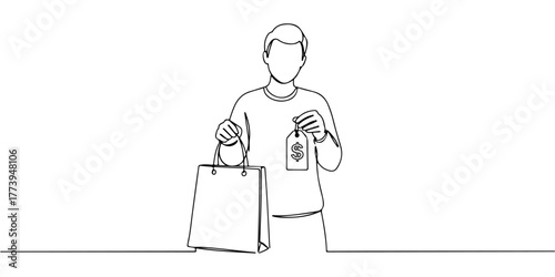 Continuous one line of a person holding shopping bags with price tags, representing spending and budgeting, style hand drawing vector illustration.
