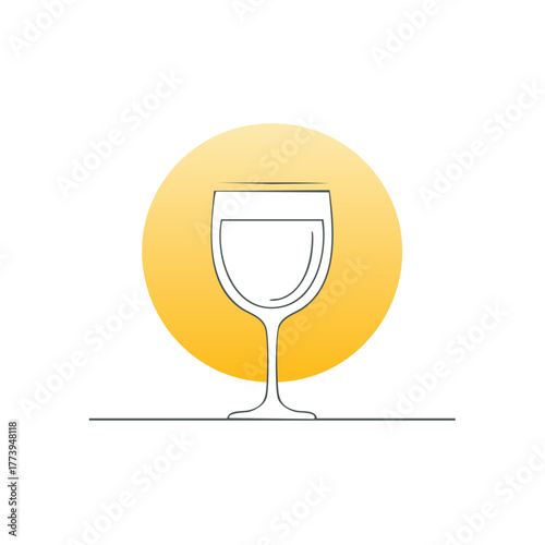 Minimalist line art icon of a white wine glass with a yellow sun accent