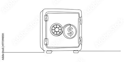 Continuous one line of safe with dollar sign lock, symbolizing asset protection, hand drawn style vector illustration.