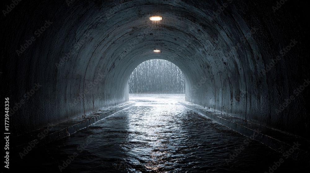 Fototapeta premium Dark concrete tunnel with heavy rain and flowing water reflecting dim overhead lights