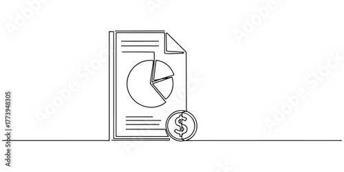 Continuous one line of document with circle diagram and dollar symbol, representing financial report, style hand drawing vector illustration.