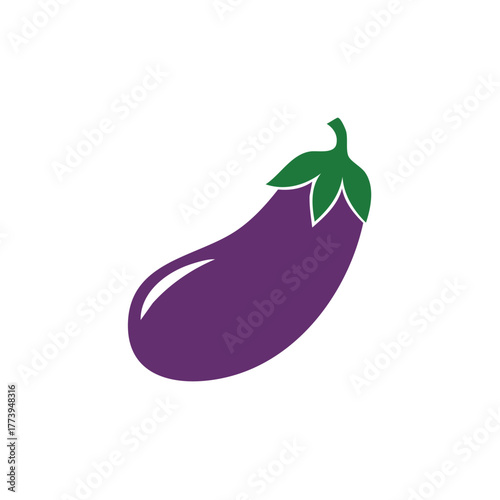 Simple flat design vector illustration of a purple eggplant with green stem and leaves