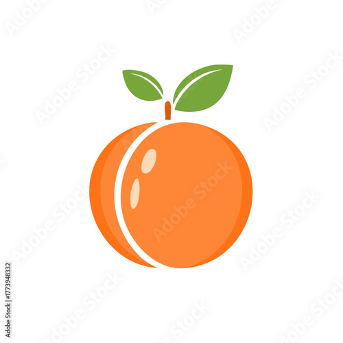 Simple Orange Fruit Icon with Green Leaves and Stem