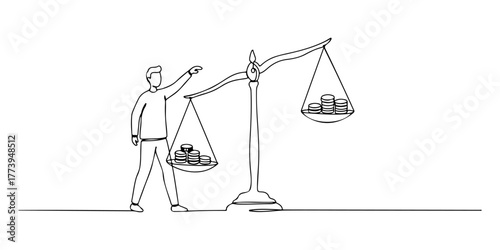 Continuous one line of a person balancing coins on a scale, representing financial balance, hand drawn style vector illustration.