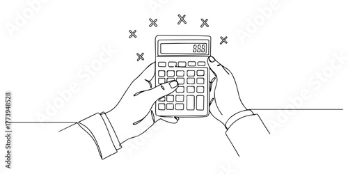 Continuous one line of calculator showing positive financial balance, representing financial planning, style hand drawing vector illustration.