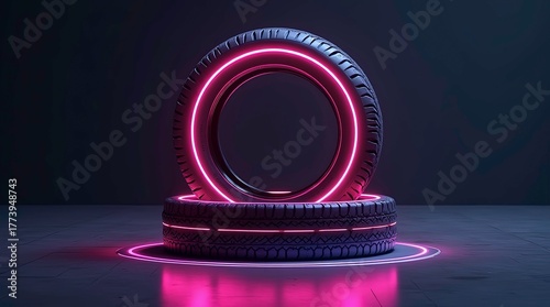 Modern car tire illuminated with vibrant pink neon lights. Futuristic transport concept with glowing rim and tread.