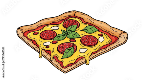 Delicious Square Pizza Slice with Pepperoni, Basil, and Melting Cheese Illustration