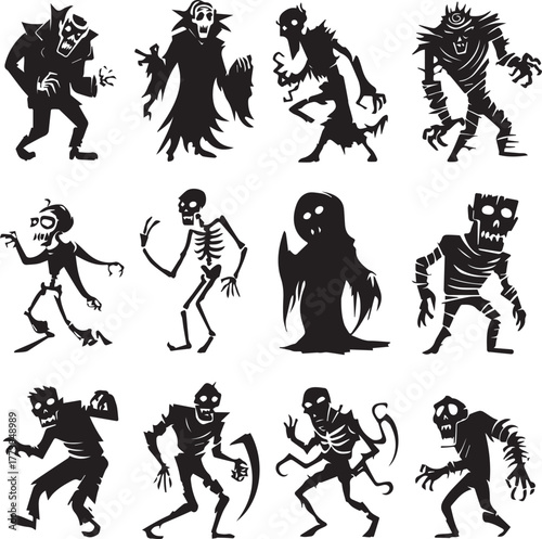 Halloween Monsters Silhouette Vector Set – Vampire, Zombie, Skeleton, and Ghost Icons