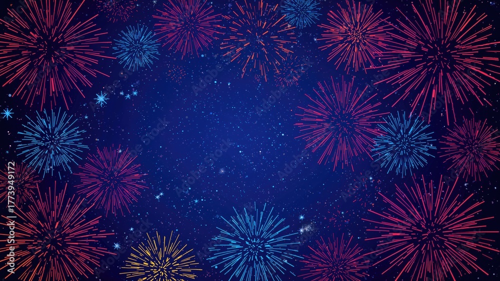 Fototapeta premium Fireworks display with colorful bursts illuminating the night sky. Celebration and festival scene. Colorful explosive lights in the dark. Night sky filled with fireworks.