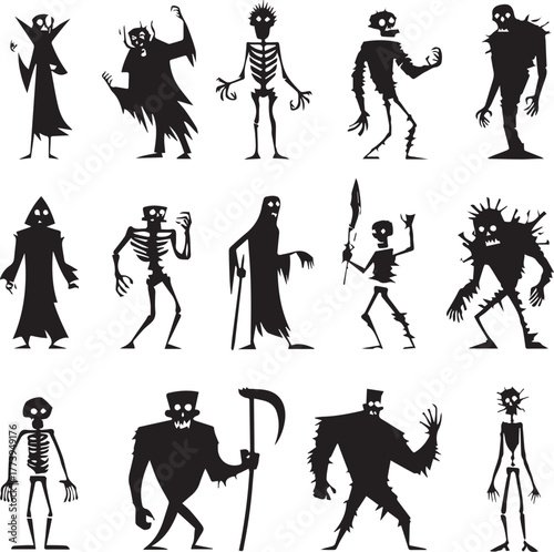 Halloween Monsters Silhouette Vector Set – Vampire, Zombie, Skeleton, and Ghost Icons