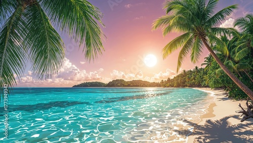 Tropical beach scene with palm trees, turquoise water, and sunset sky. Exotic vacation, nature and relaxation, tropical paradise, and scenic coast.