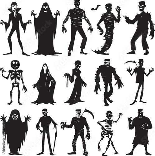 Halloween Monsters Silhouette Vector Set – Vampire, Zombie, Skeleton, and Ghost Icons