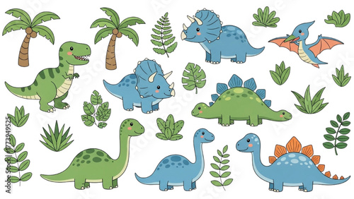Cartoon Dinosaurs Clipart Set Vector Illustration of Prehistoric Reptiles