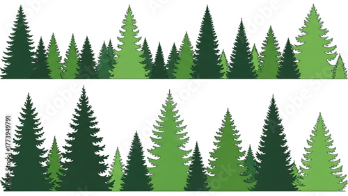 Lush Evergreen Forest Border Illustration with Varied Pine Trees in Green Hues, Perfect for Nature-Themed Designs