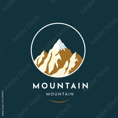Minimalist Mountain Logo Design Template with Clean Lines, Peak Snow and Teal Background, Perfect for Outdoor Brands, Adventure Companies, and Nature-Inspired Businesses.