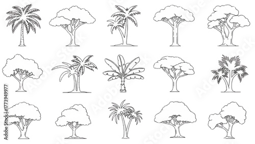 Line art collection of diverse tree illustrations for design and environmental themes