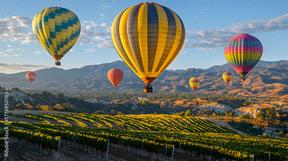 Fototapeta premium Dreamlike sunset view of colorful hot air balloons ascending over Temecula Valley, California, vibrant dusk sky creating a magical atmosphere of exploration and beauty